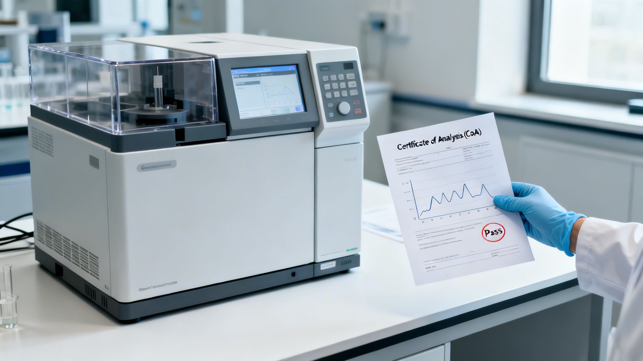 A scientist in a lab coat holds a Certificate of Analysis with 'Pass' result next to laboratory equipment.