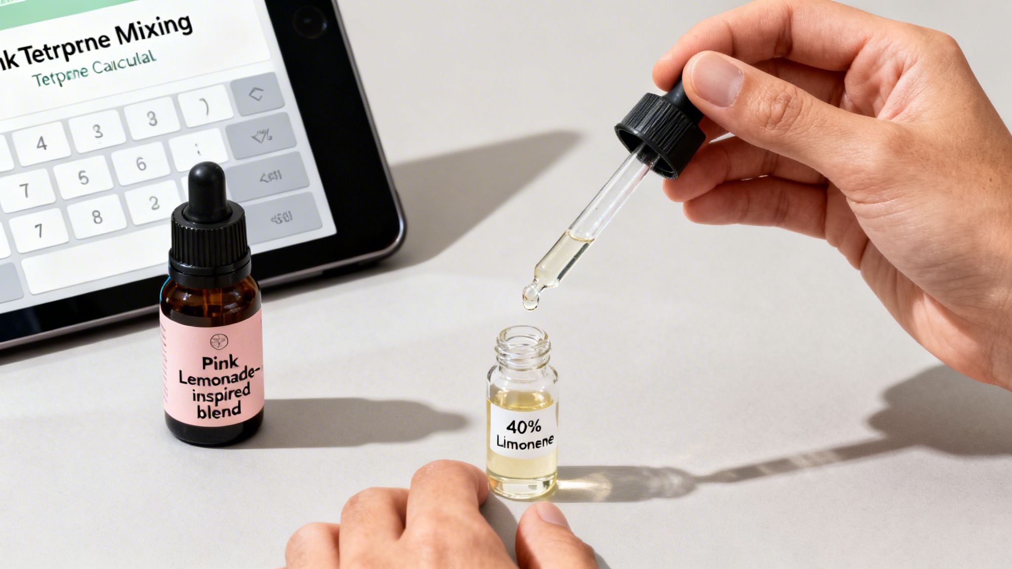 A person mixes liquids, a 'Pink Lemonade-inspired blend' and '40% Limonene', using a dropper near a digital terpene calculator.