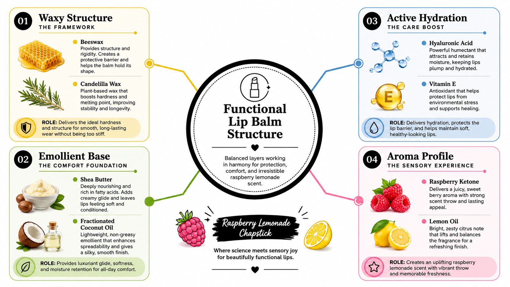 An infographic detailing the functional ingredients and structure of a raspberry lemonade chapstick lip balm product.