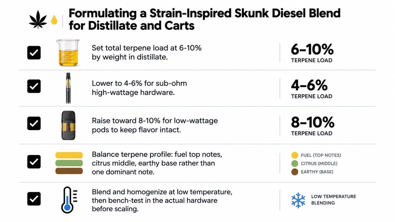 An infographic detailing the formulation process for a Skunk Diesel terpene blend for vape distillates and cartridges.