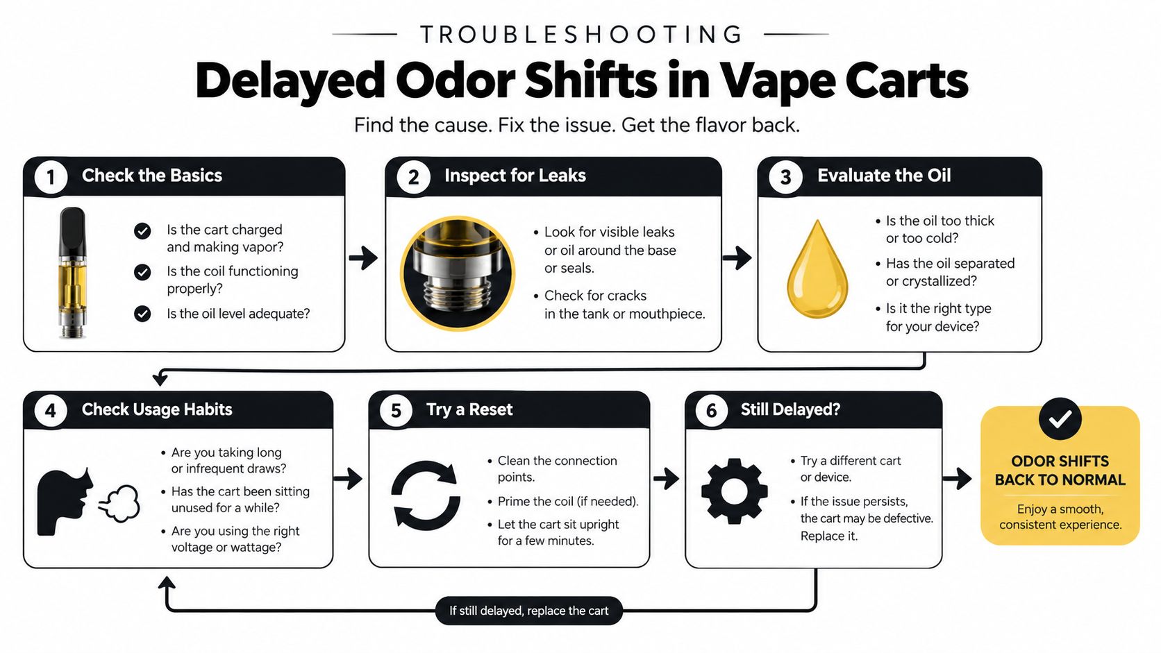 A troubleshooting infographic guide with six steps for resolving delayed odor shifts in vape cartridges.