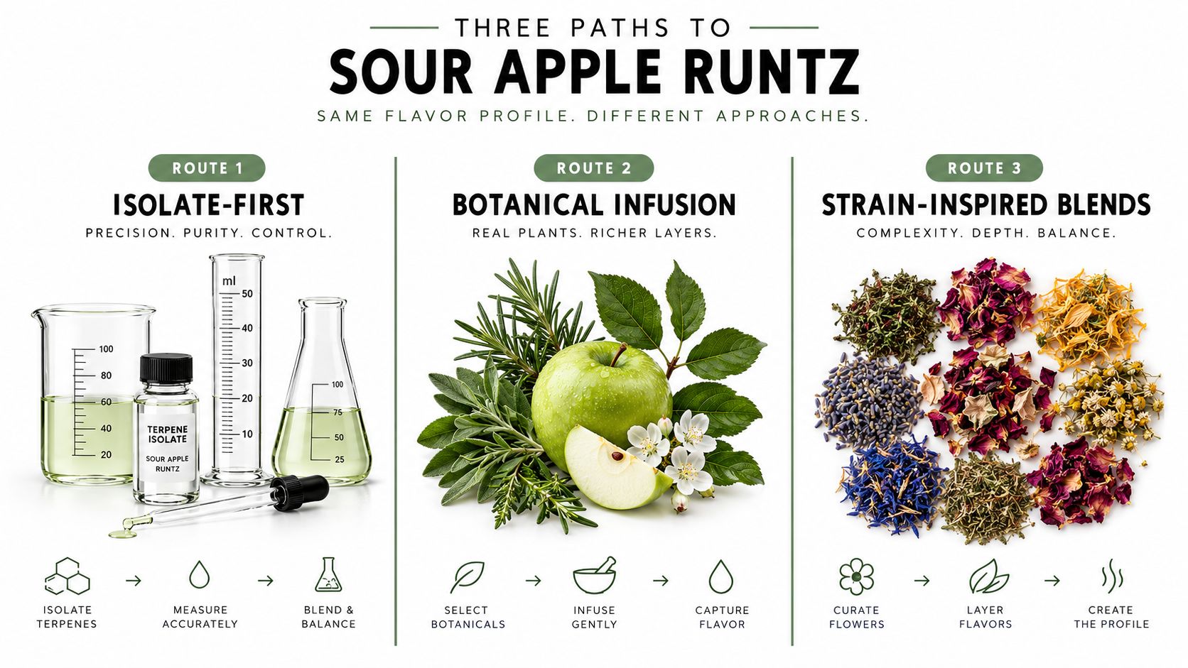 A diagram comparing three different methods for creating a sour apple runtz terpene flavor profile.