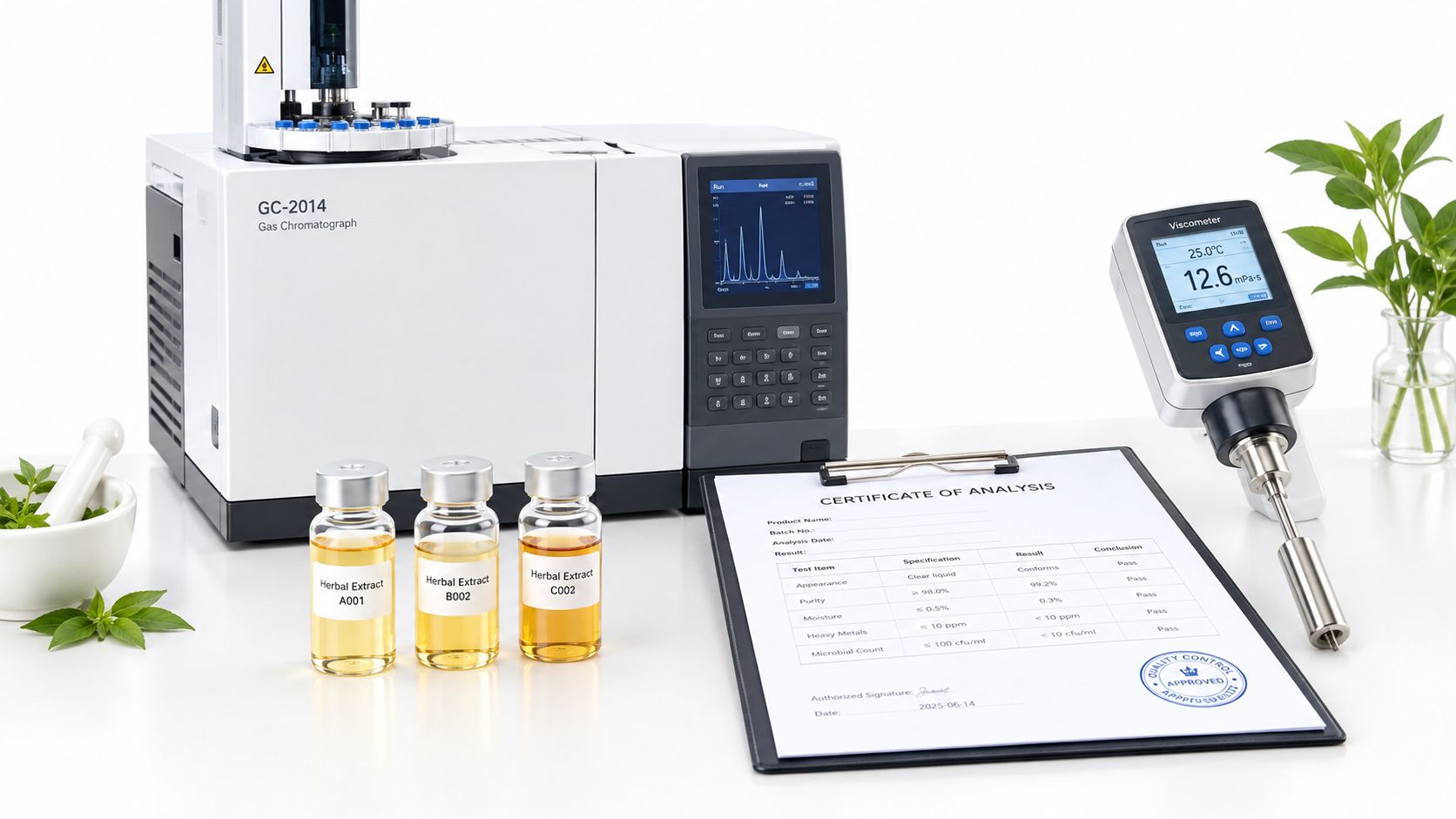 Scientific laboratory equipment including a gas chromatograph, viscometer, and herbal extract samples for quality control analysis.