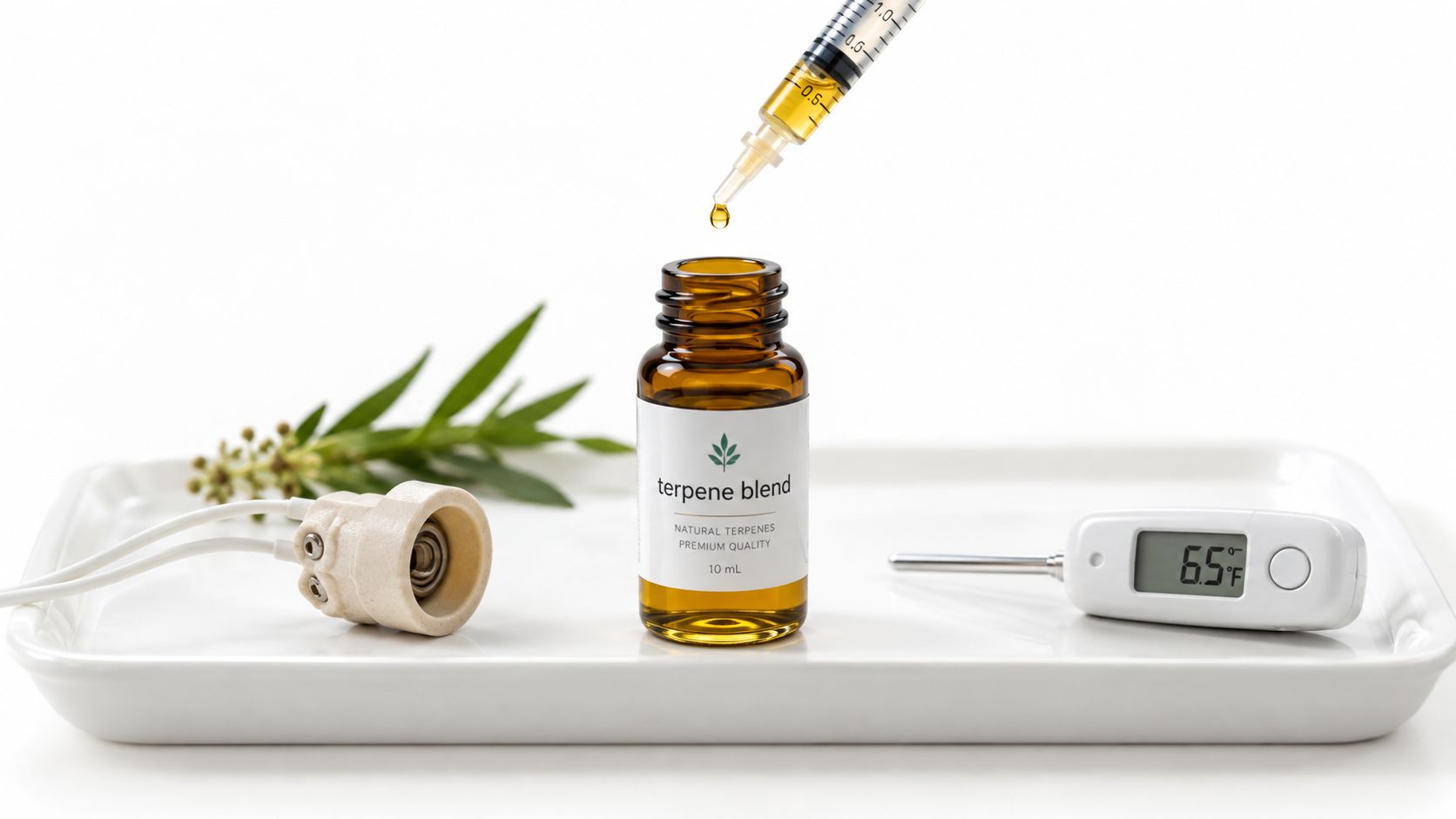 A glass bottle labeled terpene blend sitting on a white tray with a syringe, thermometer, and leaves.