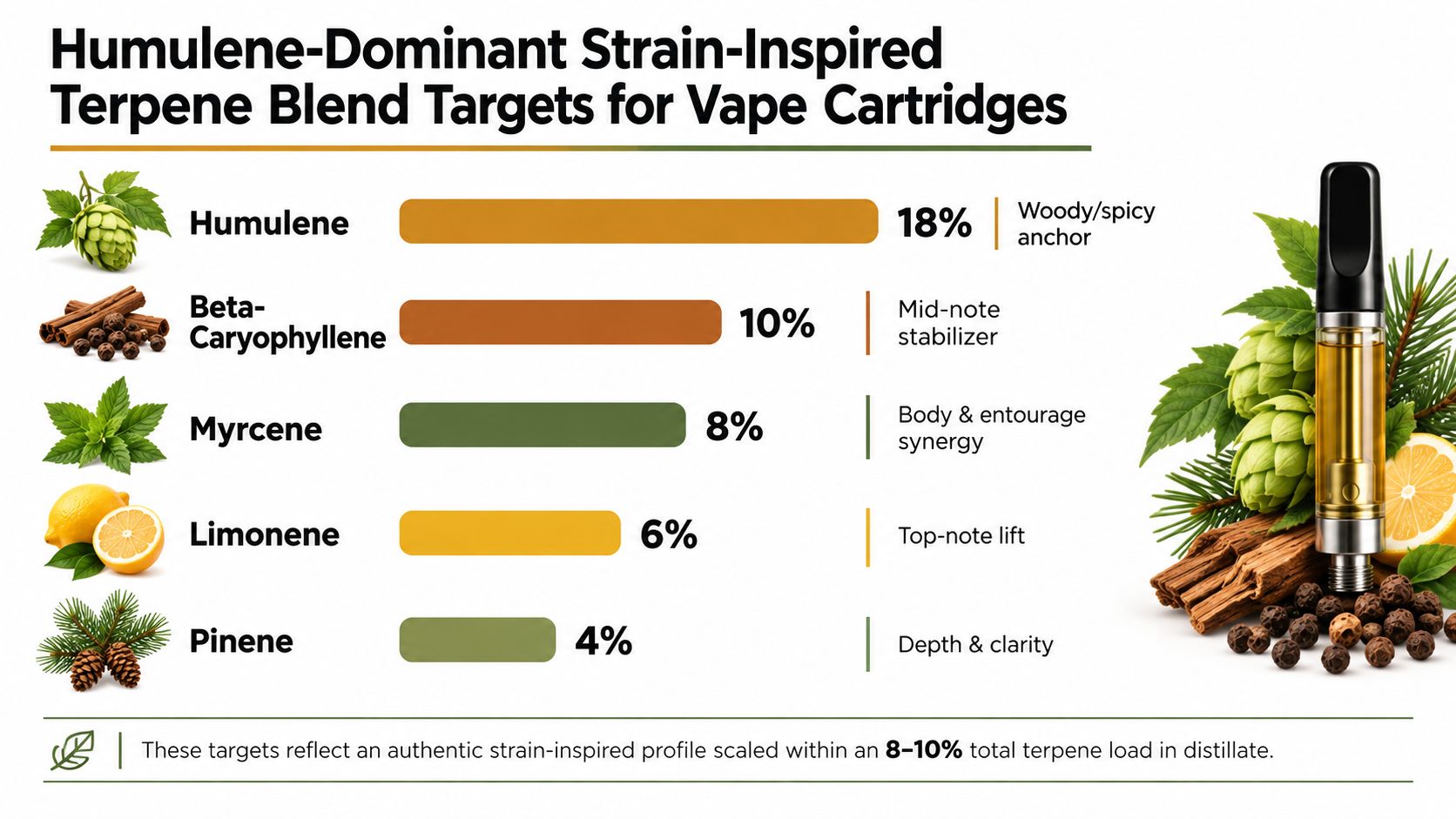 A chart showing the percentage breakdown of various terpenes for creating a humulene-dominant vape cartridge profile.