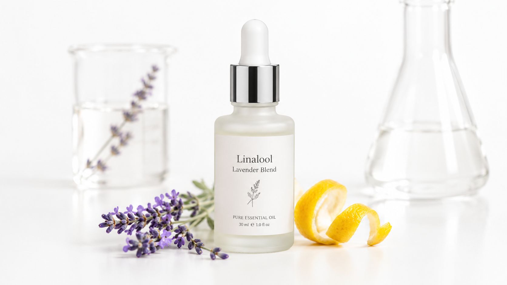 A dropper bottle labeled Linalool Lavender Blend with lavender sprigs and lemon zest on a white surface.