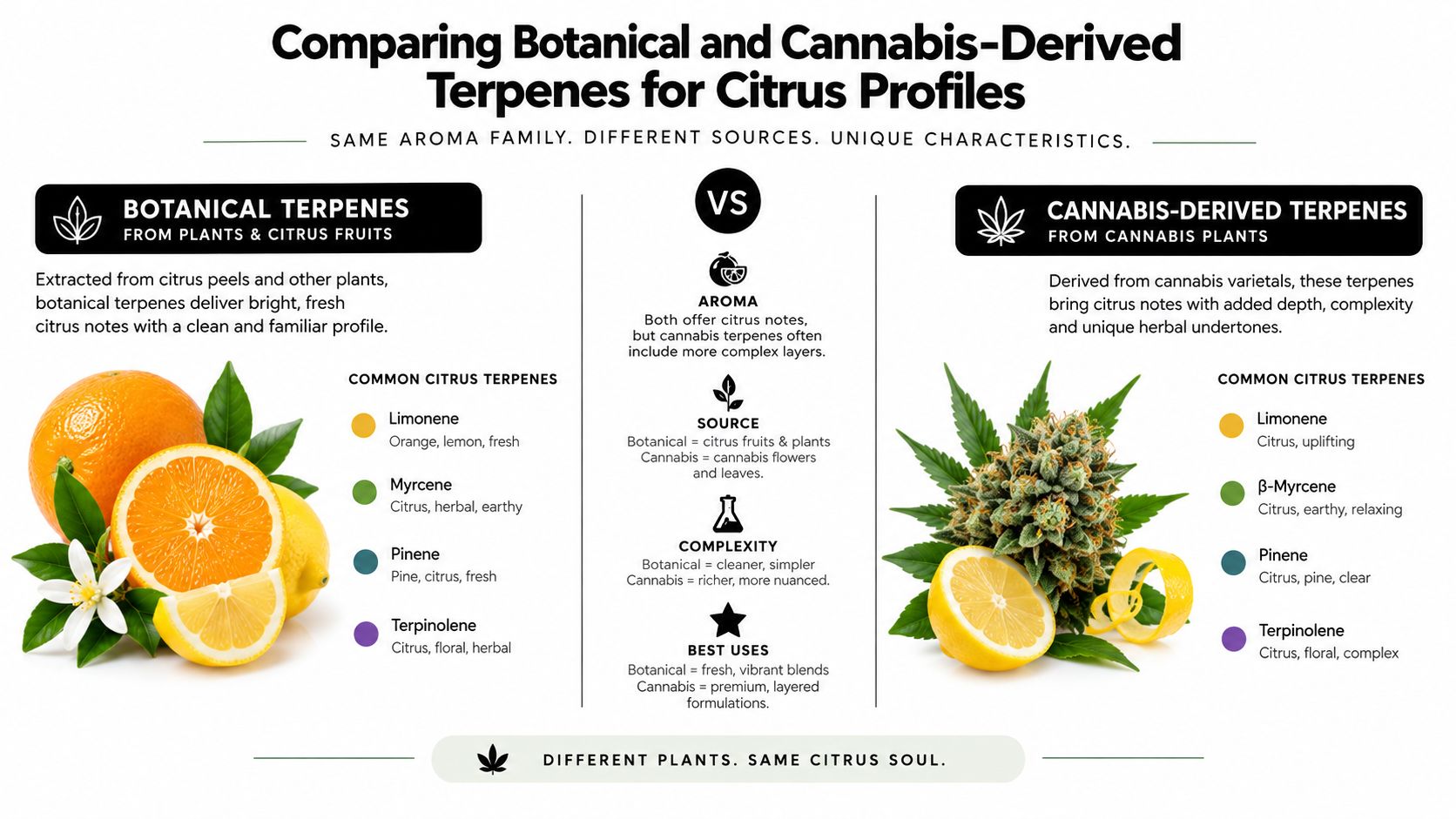 A comparison infographic between botanical terpenes and cannabis-derived terpenes highlighting their unique citrus aroma characteristics.