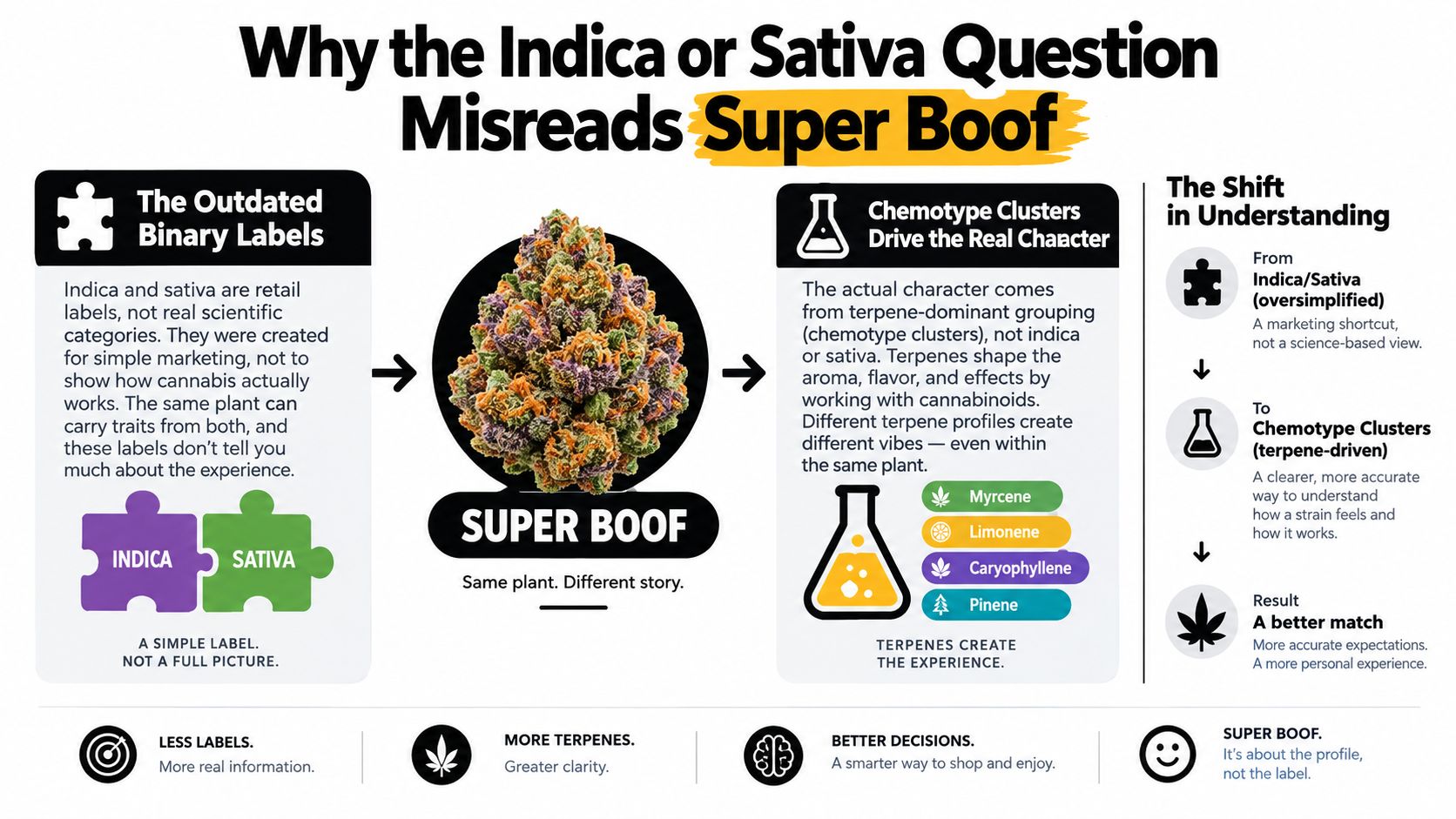 An infographic explaining why the Indica and Sativa labels are outdated for understanding the Super Boof cannabis strain.