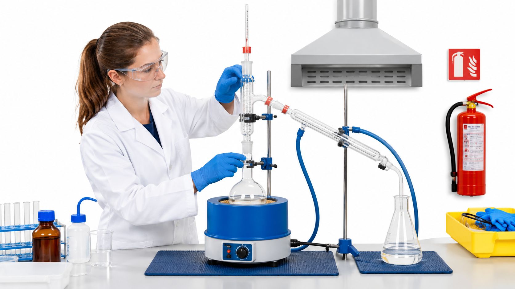 A female chemist wearing a white lab coat and blue gloves performing terpene distillation in a lab.