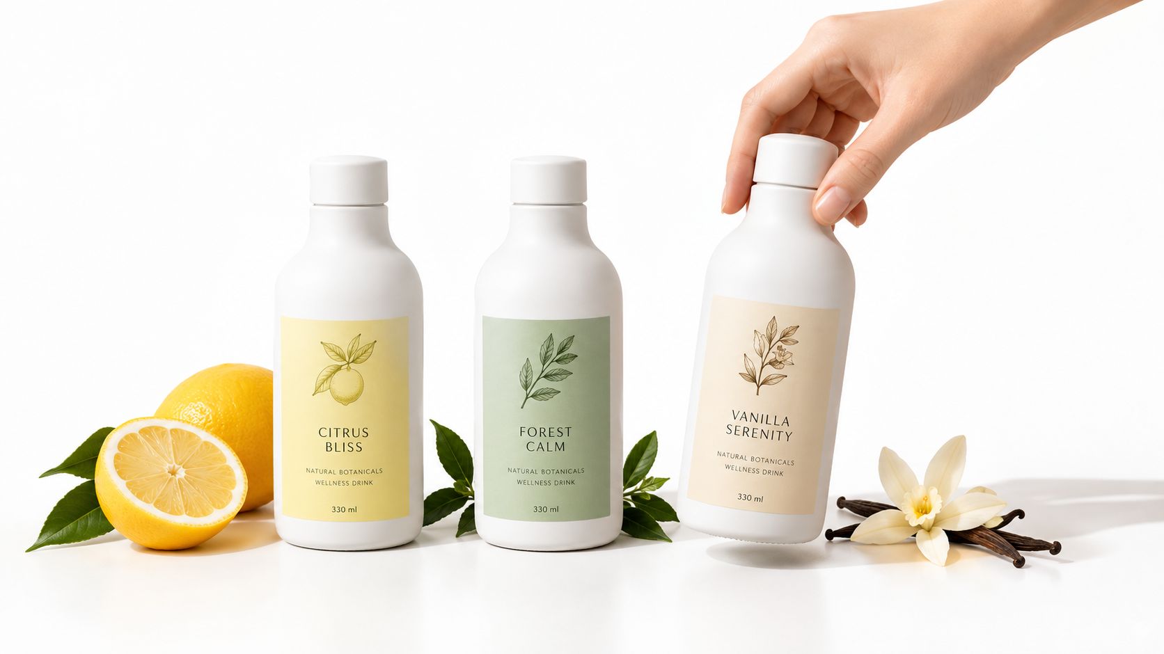 Three white bottles of wellness drinks labeled Citrus Bliss, Forest Calm, and Vanilla Serenity on white background.