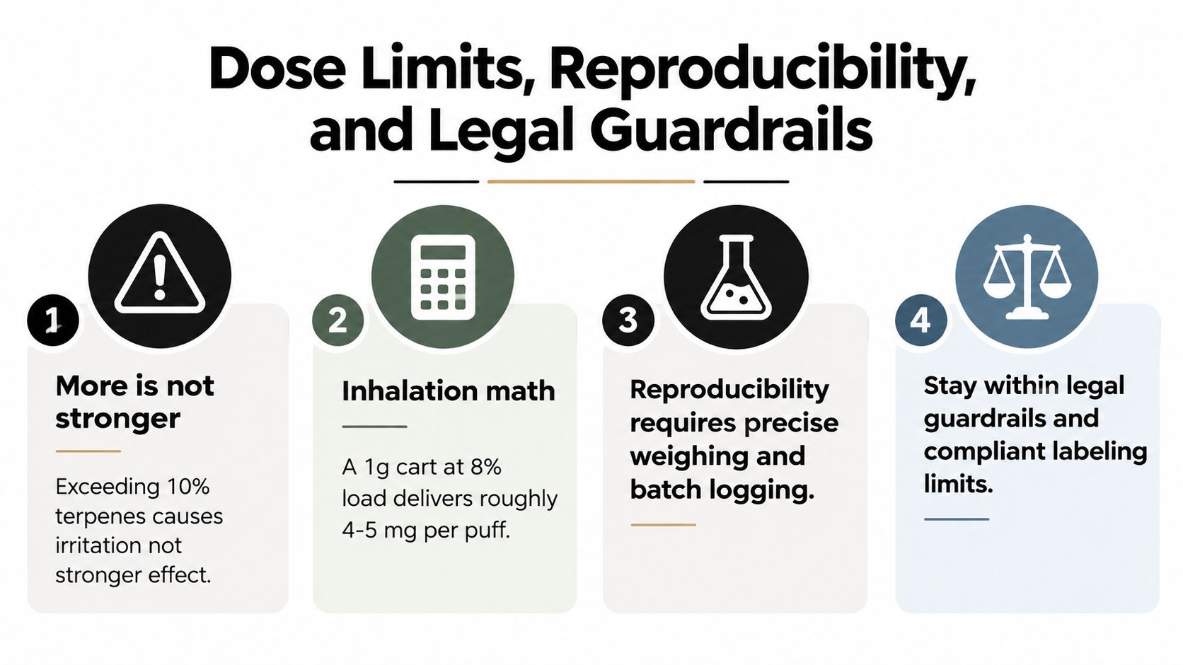 An infographic titled Dose Limits, Reproducibility, and Legal Guardrails explaining safety guidelines for terpene inhalation dosages.