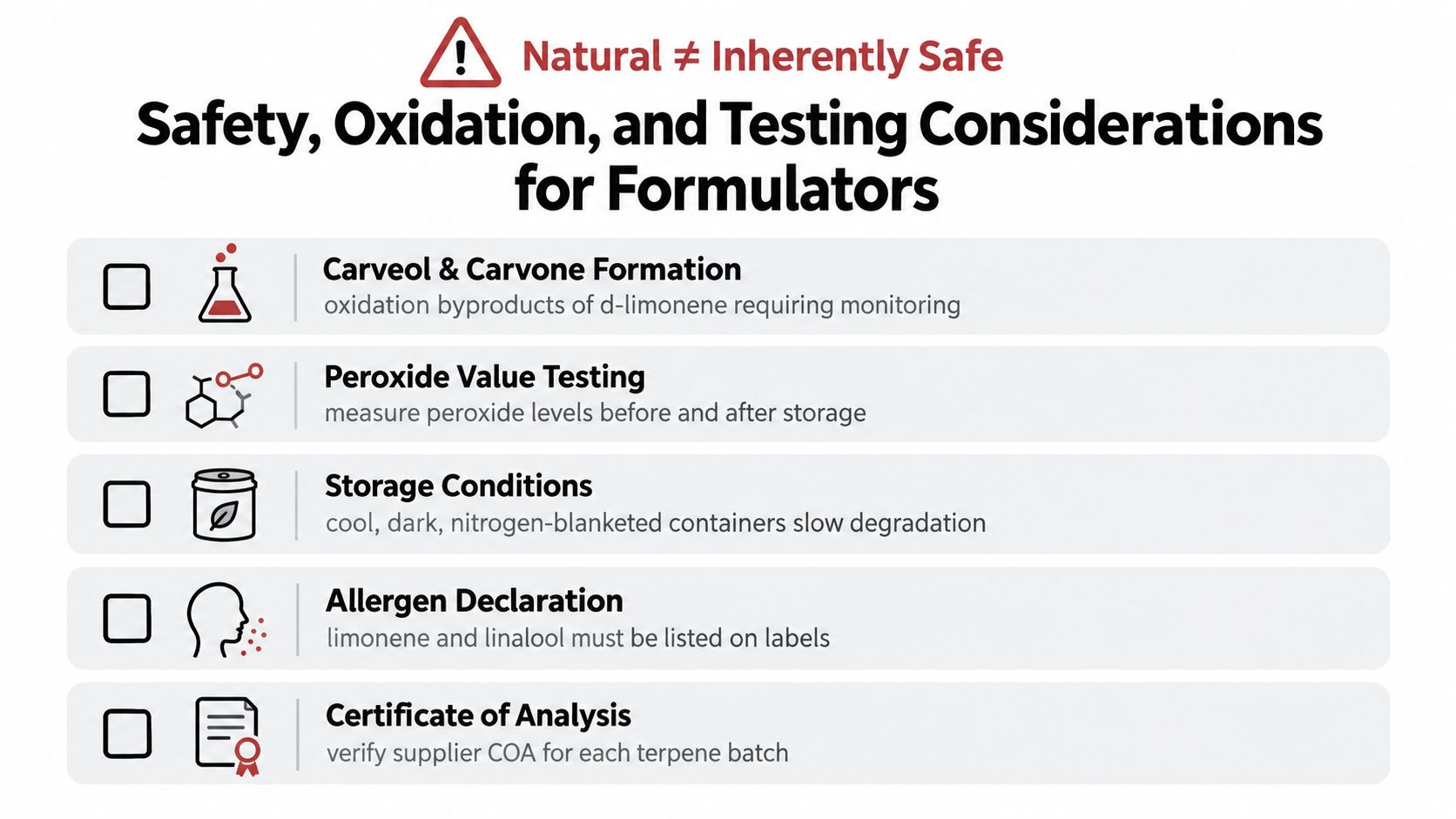 A checklist infographic outlining critical safety, oxidation, and testing considerations for formulators using natural terpenes.