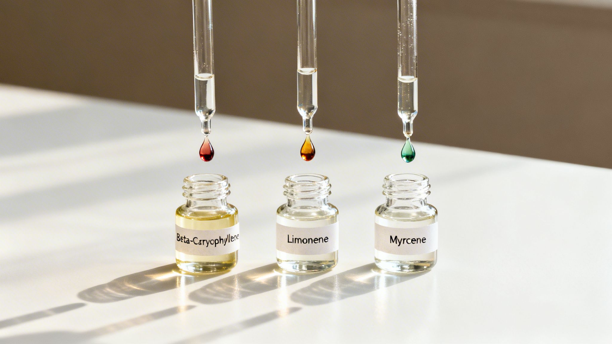 Three glass droppers drip red, amber, and green liquids into labeled bottles of Beta-Caryophyllene, Limonene, and Myrcene.