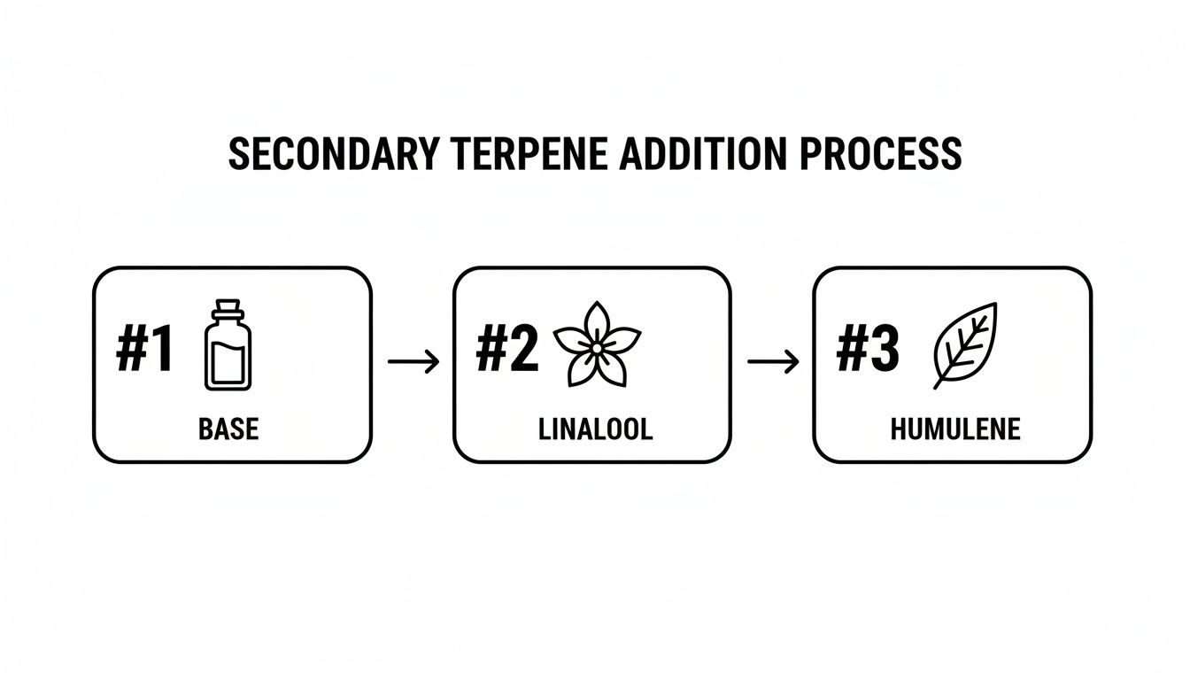 Flowchart illustrating the secondary terpene addition process, detailing base, linalool, and humulene steps.