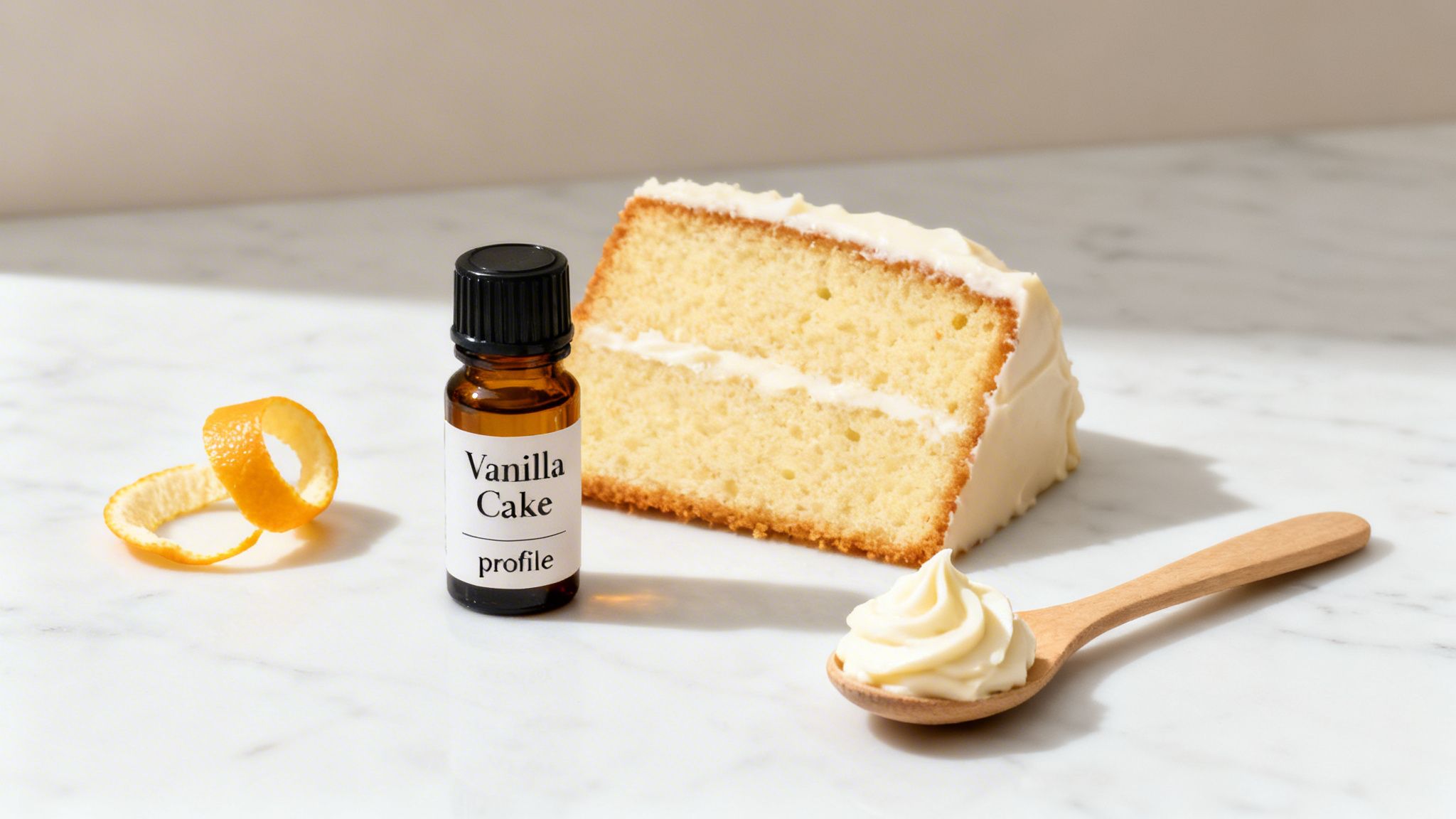 A slice of vanilla cake with frosting, an amber 'Vanilla Cake profile' bottle, orange peel, and frosting on a spoon.
