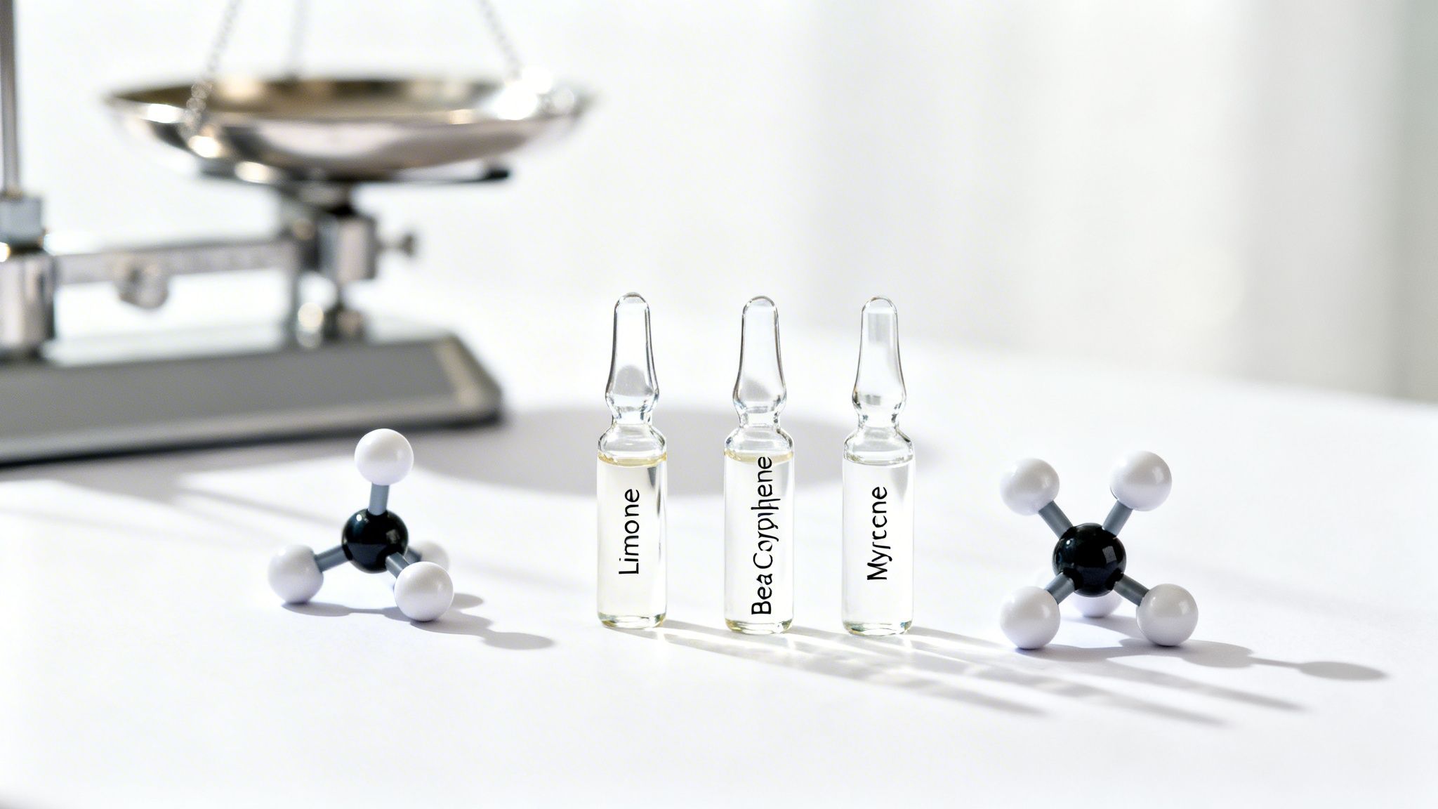 Three labeled glass ampules with chemical compounds, two molecular models, and a blurry scale in a lab.
