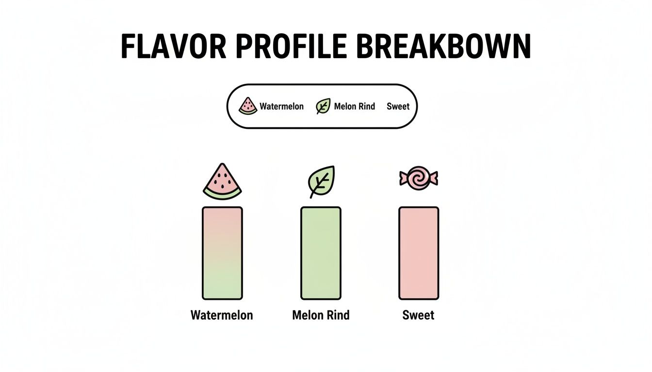 A flavor profile breakdown chart with icons and bars representing watermelon, melon rind, and sweet flavors.