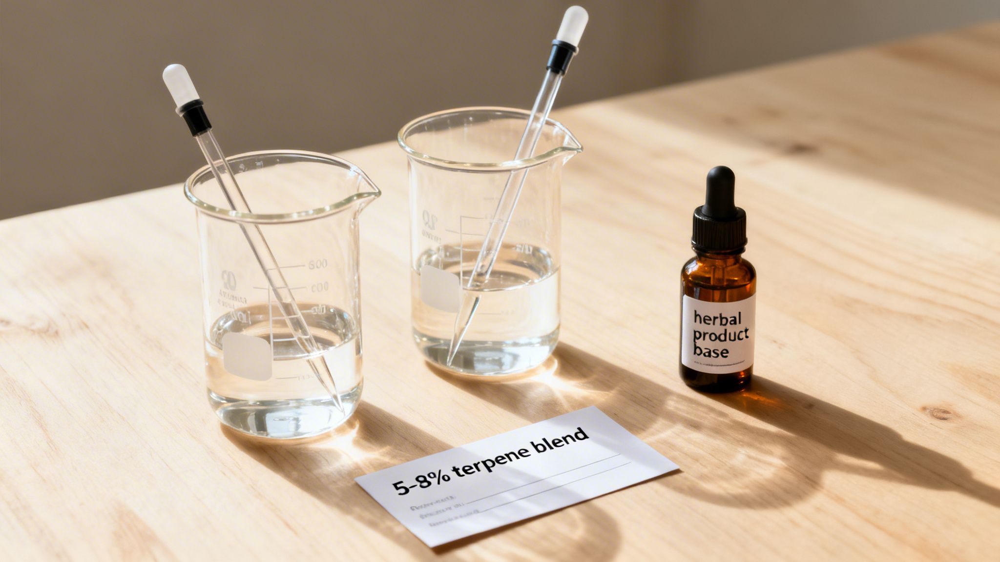 Ingredients and tools for creating an herbal product with a terpene blend on a wooden table.