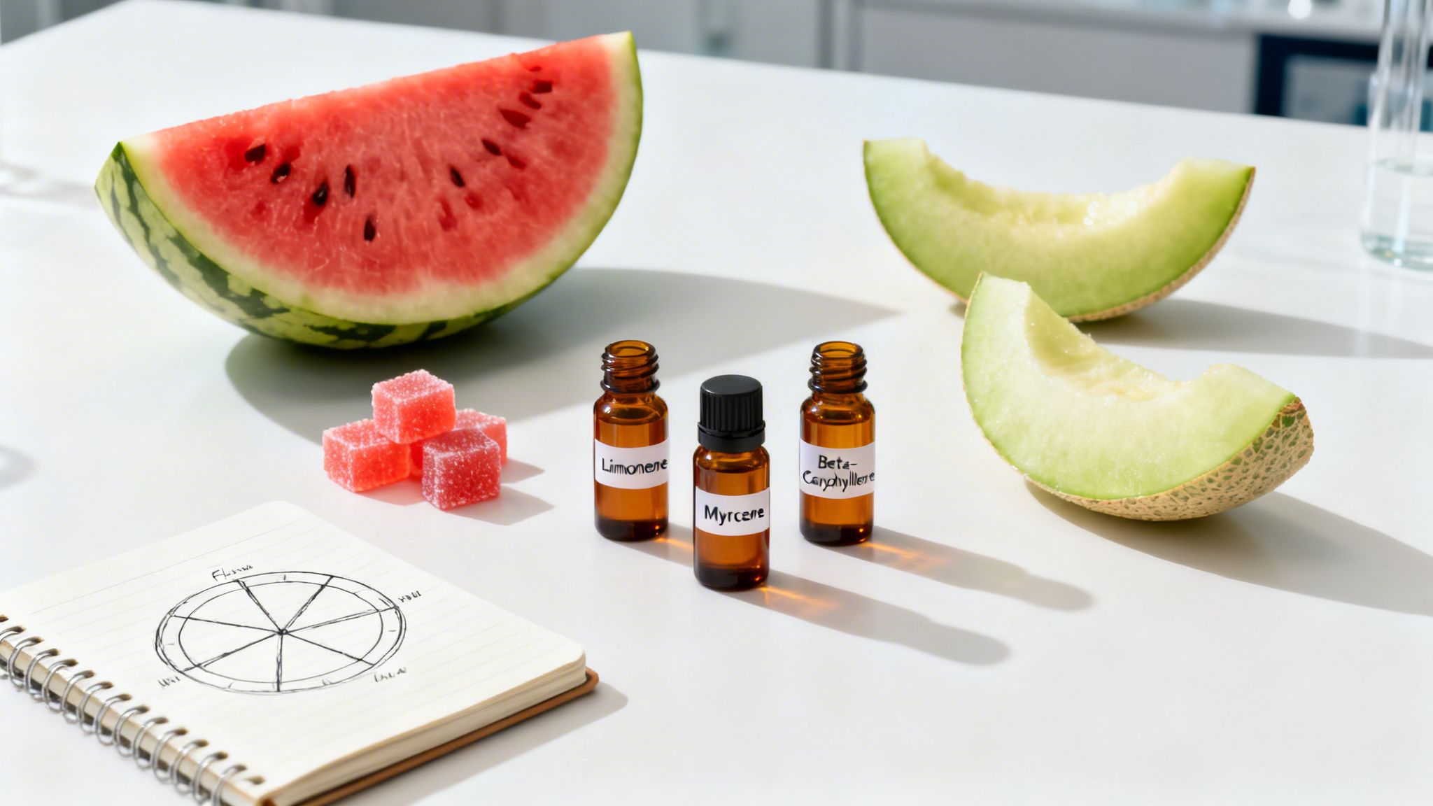 A lab setup with watermelon, cantaloupe, terpene oil bottles, candies, and a notebook on a white table.