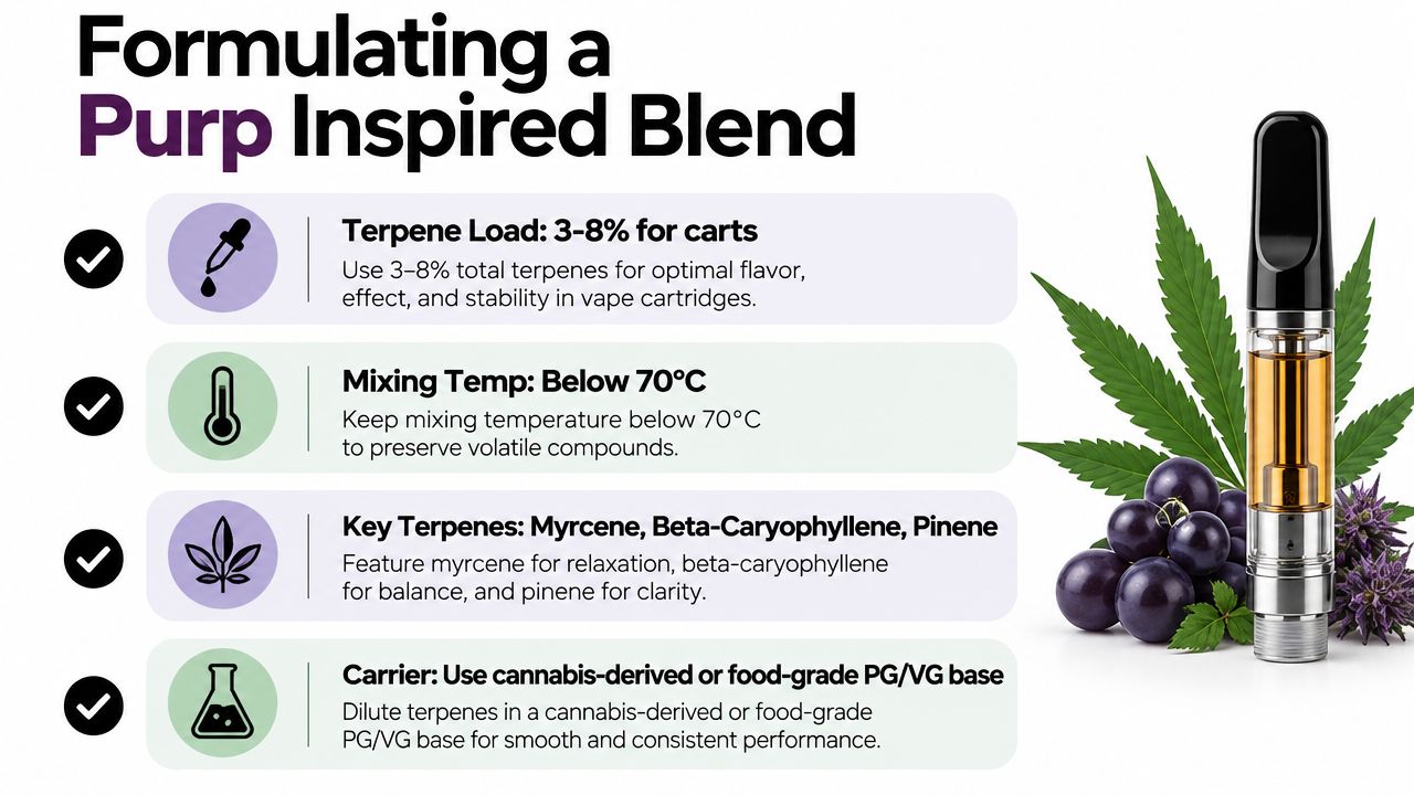 An infographic detailing the formulation guidelines for a Purp inspired cannabis vape blend, including recommended terpene percentages.
