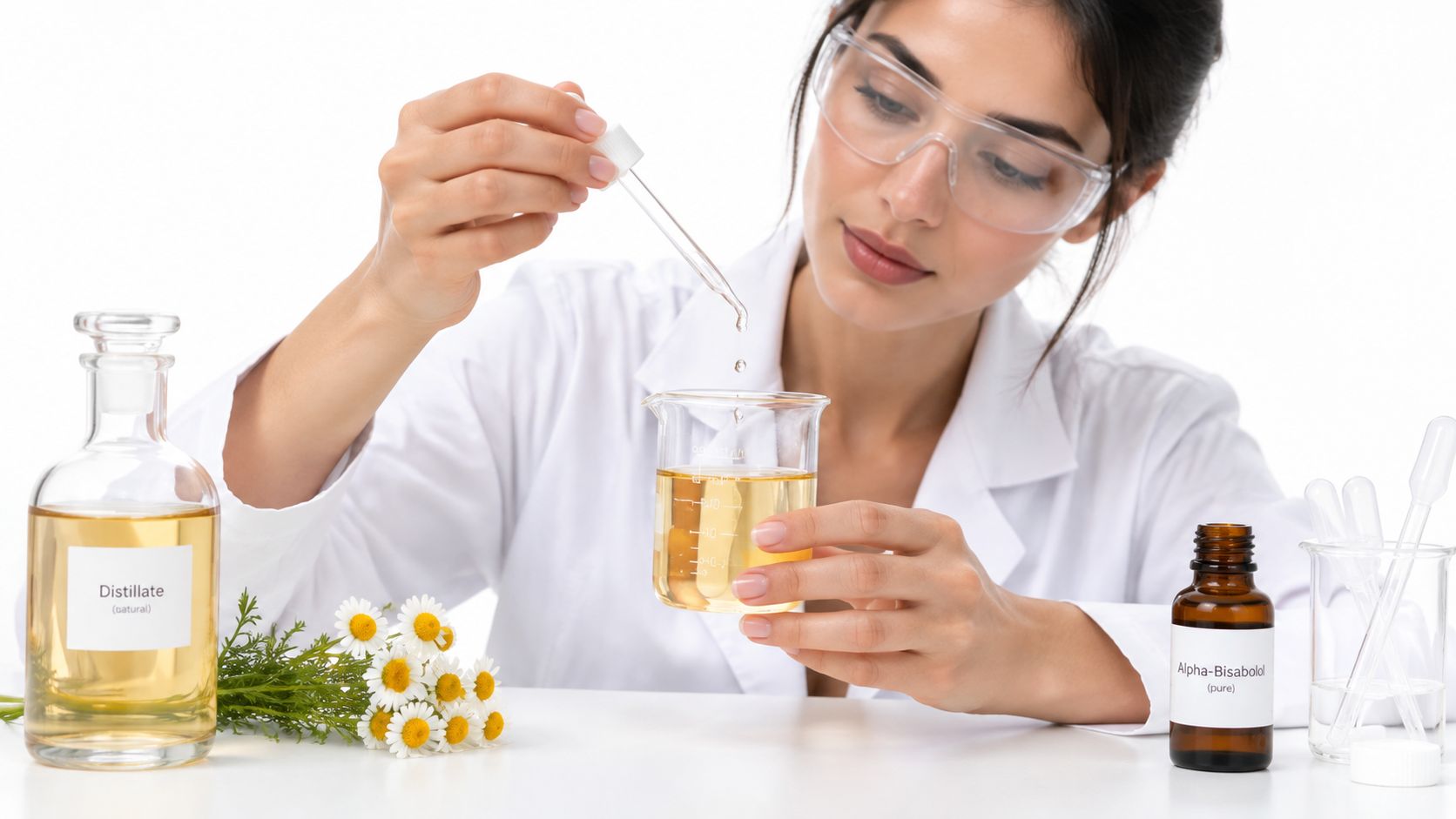 A female scientist in a lab coat and safety goggles testing Alpha-Bisabolol with a glass dropper.