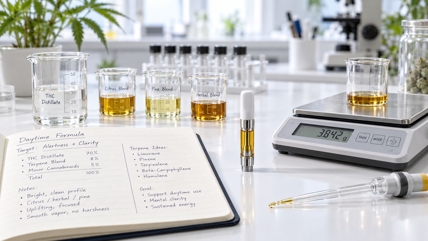 Laboratory workspace with beakers of oils, a vape cartridge, and a notebook listing terpene and cannabis formulations.