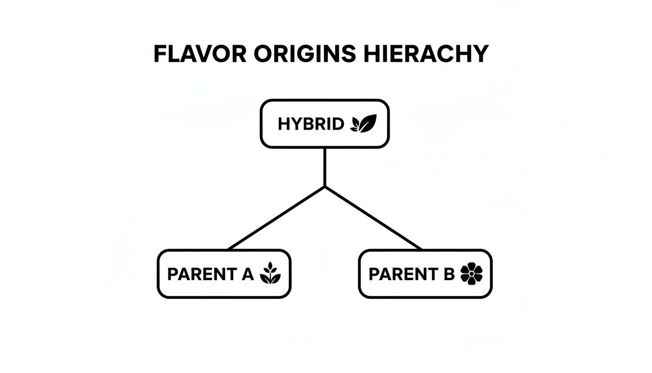 A flavor origins hierarchy diagram illustrating a hybrid derived from parent A and parent B, with botanical icons.