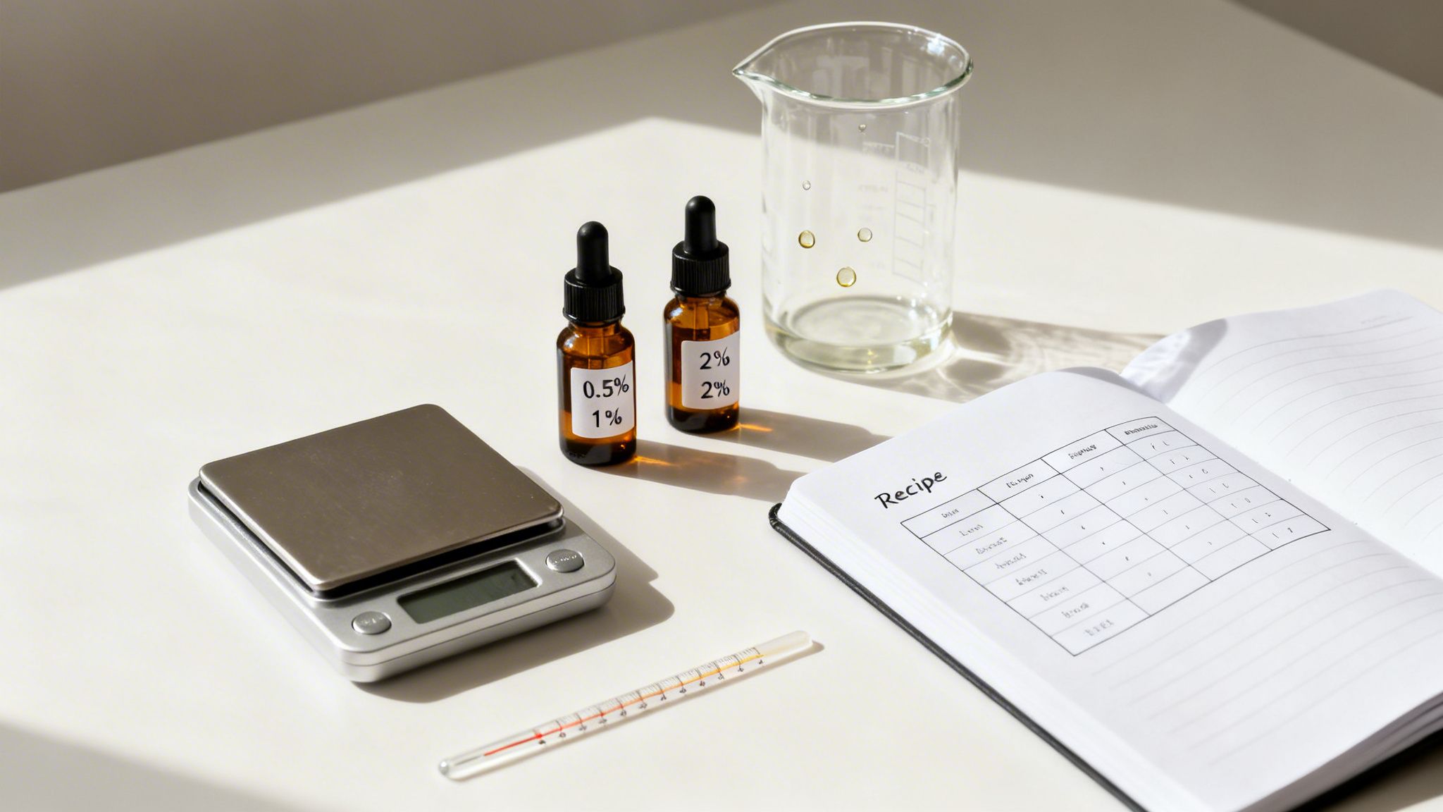 Home lab equipment: scale, essential oil bottles, beaker, thermometer, and a recipe book.