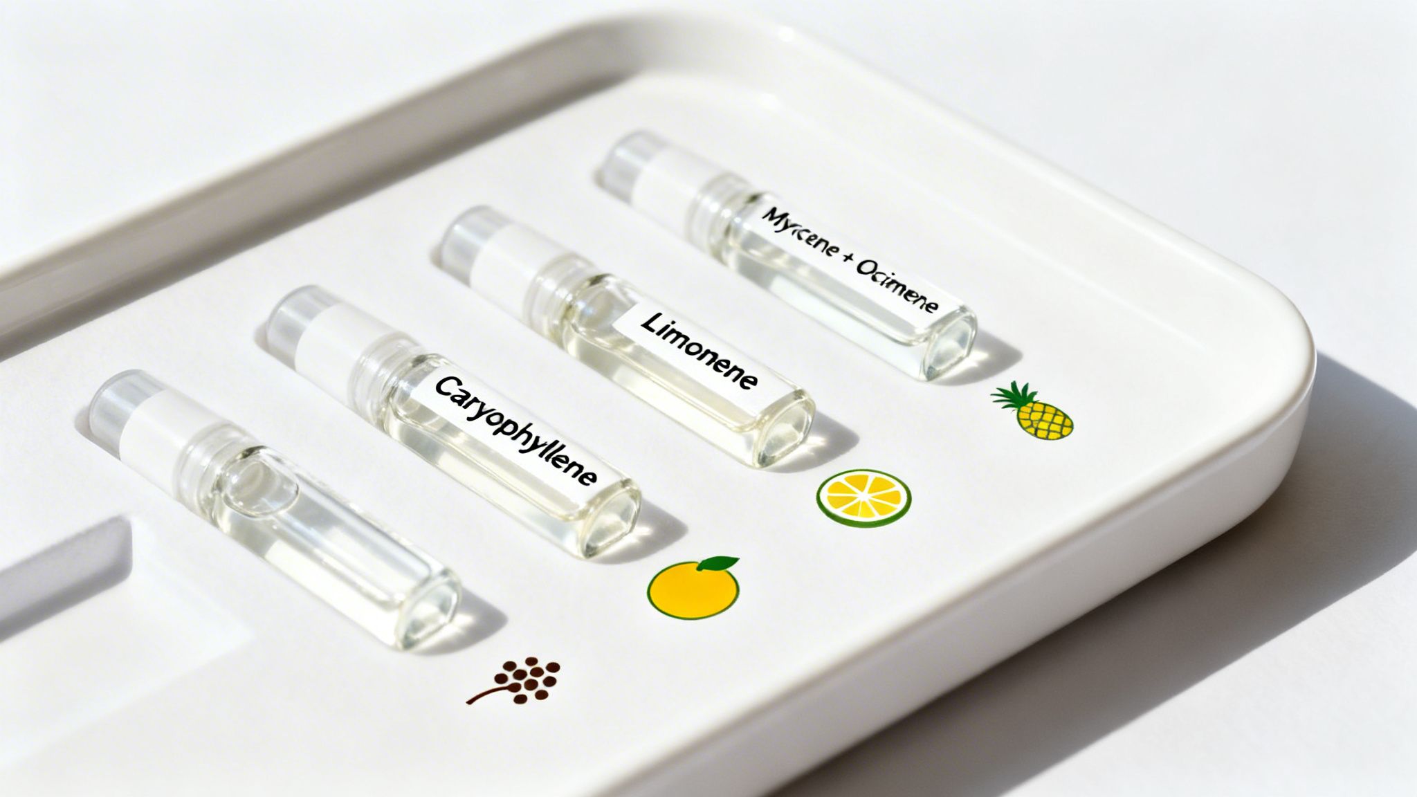 Four clear vials labeled with terpene names like Limonene and Myrcene, alongside fruit illustrations on a white tray.