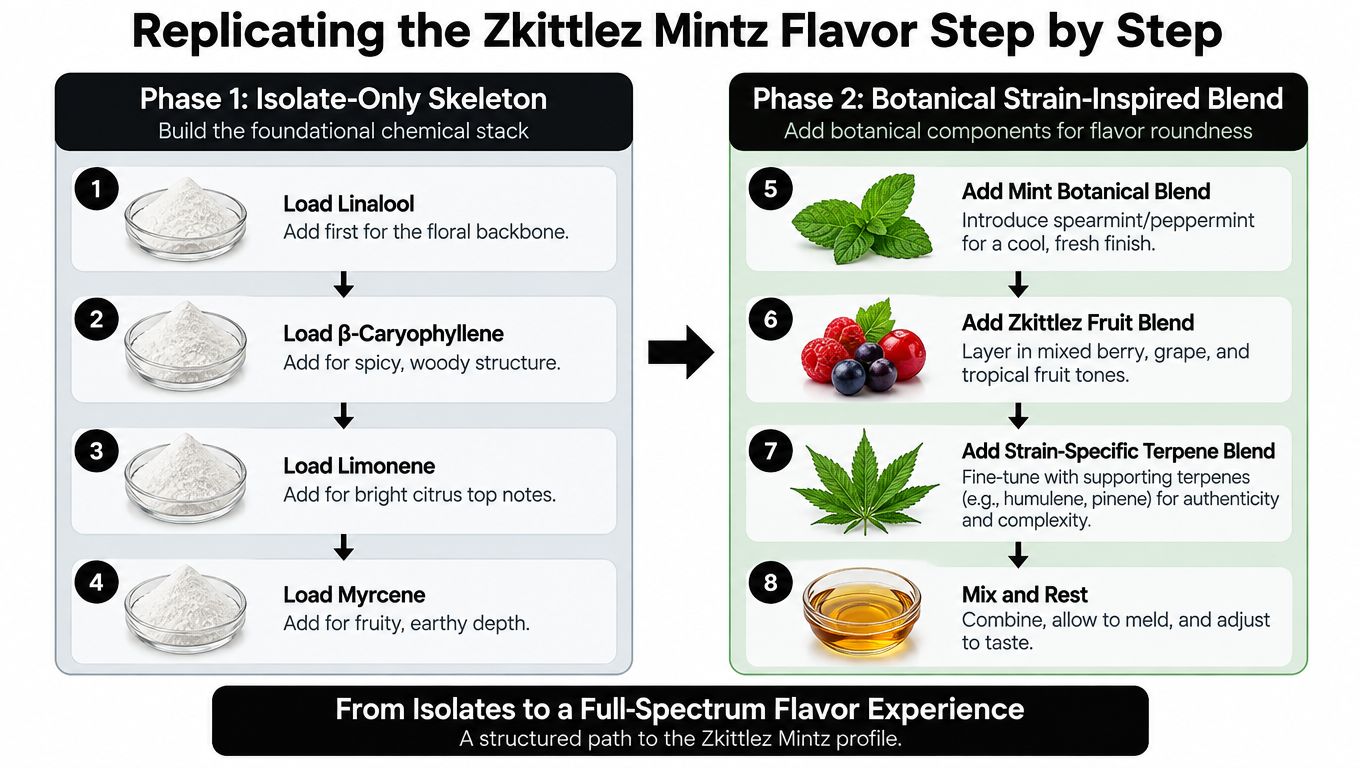 A step-by-step infographic illustrating the two-phase process for creating a Zkittlez Mintz flavor profile.