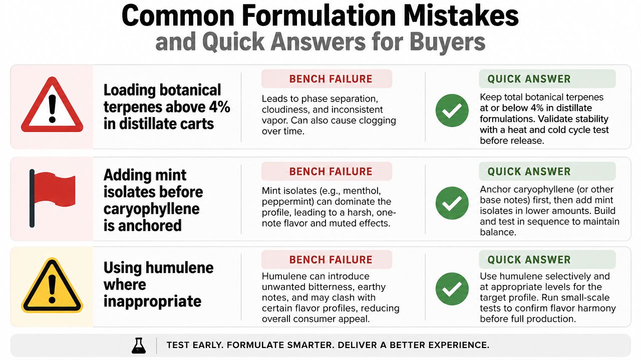 An infographic detailing three common formulation mistakes when working with cannabis terpenes, including solutions for better results.