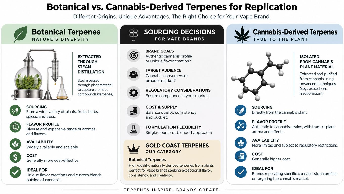 A comparative chart illustrating the differences between botanical and cannabis-derived terpenes for vape brand product development.