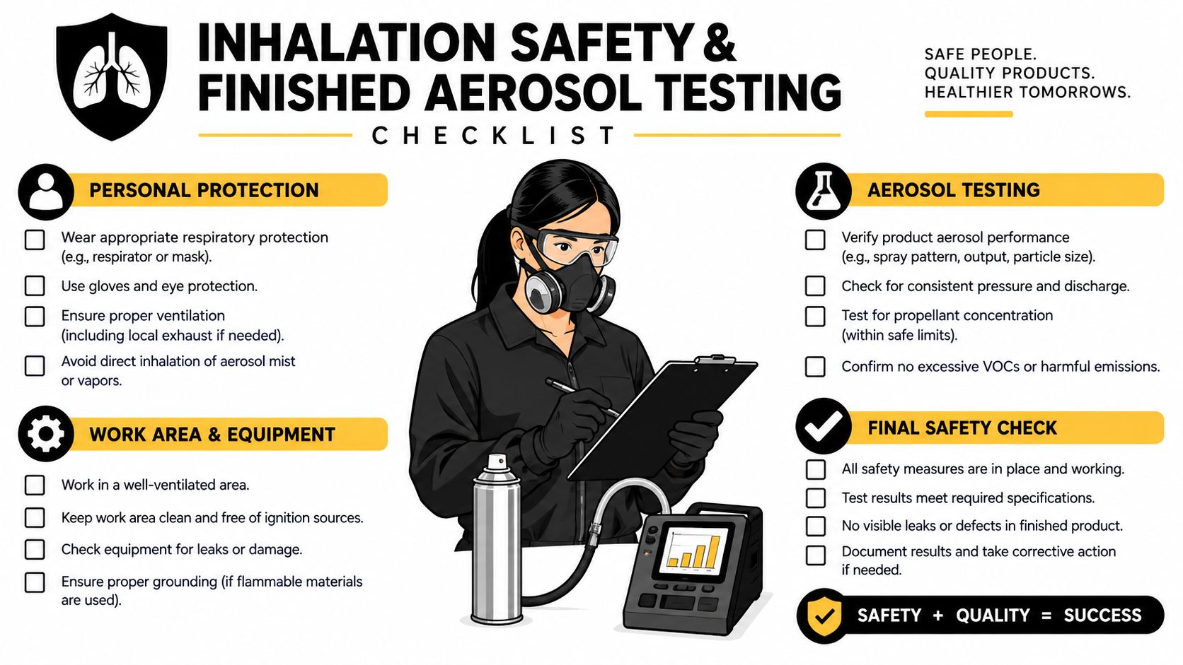 A safety checklist infographic for inhalation testing featuring a technician with protective equipment and testing machinery.
