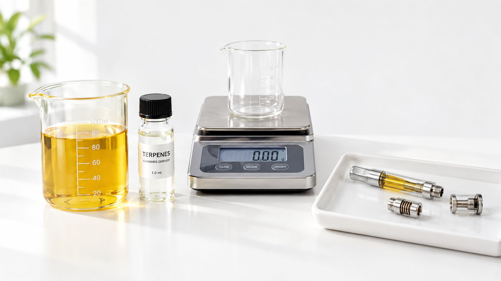 A laboratory setup featuring a beaker of cannabis oil, terpenes, a digital scale, and vape cartridges.