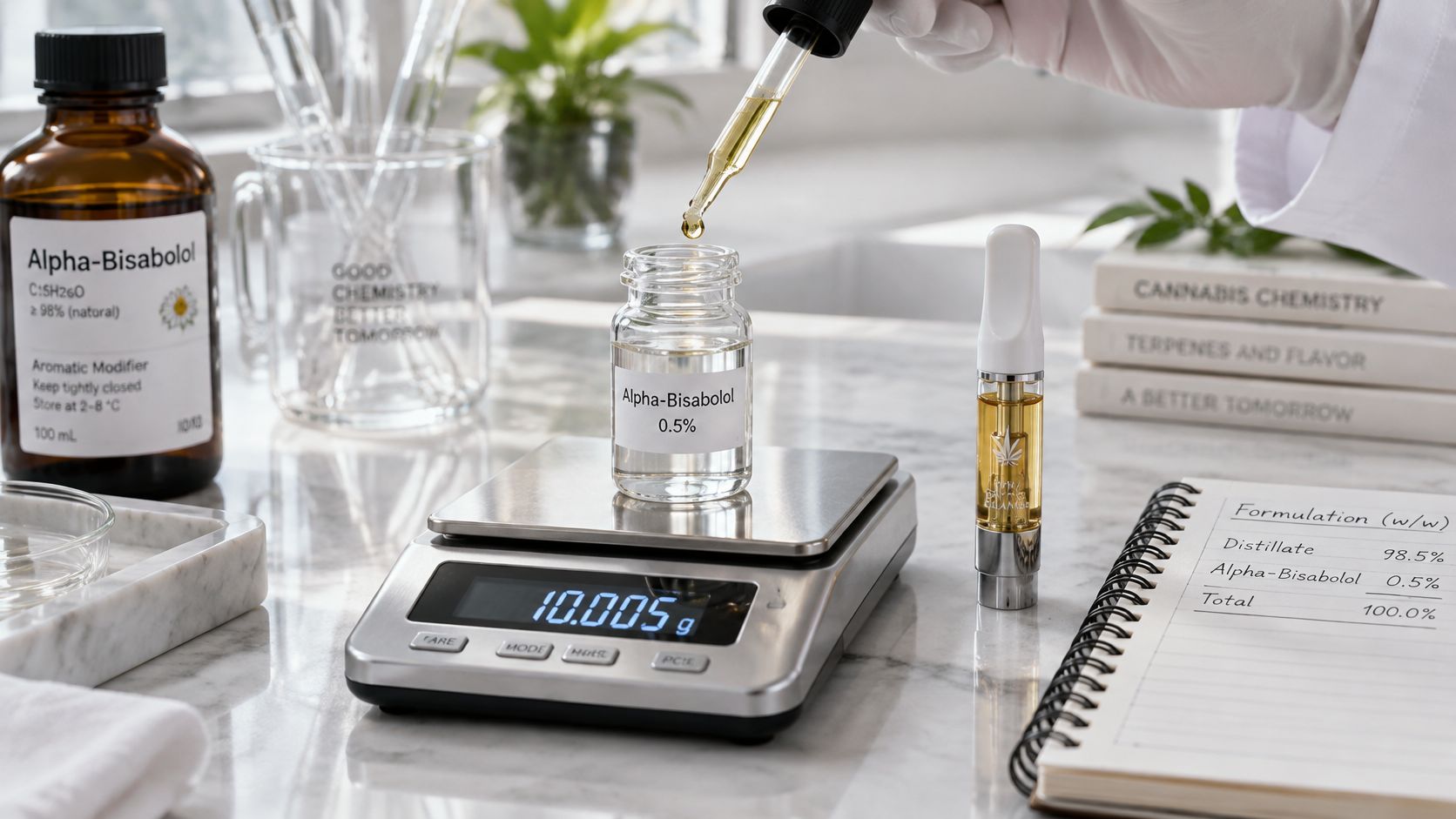 A lab technician uses a dropper to add alpha-bisabolol terpene into a glass vial on a scale.