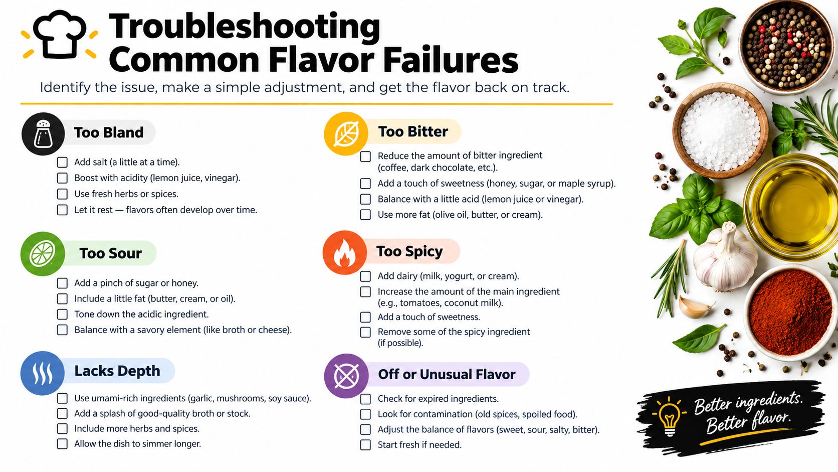 An infographic titled Troubleshooting Common Flavor Failures providing cooking tips to fix bland, bitter, sour, spicy, or off-tasting food.