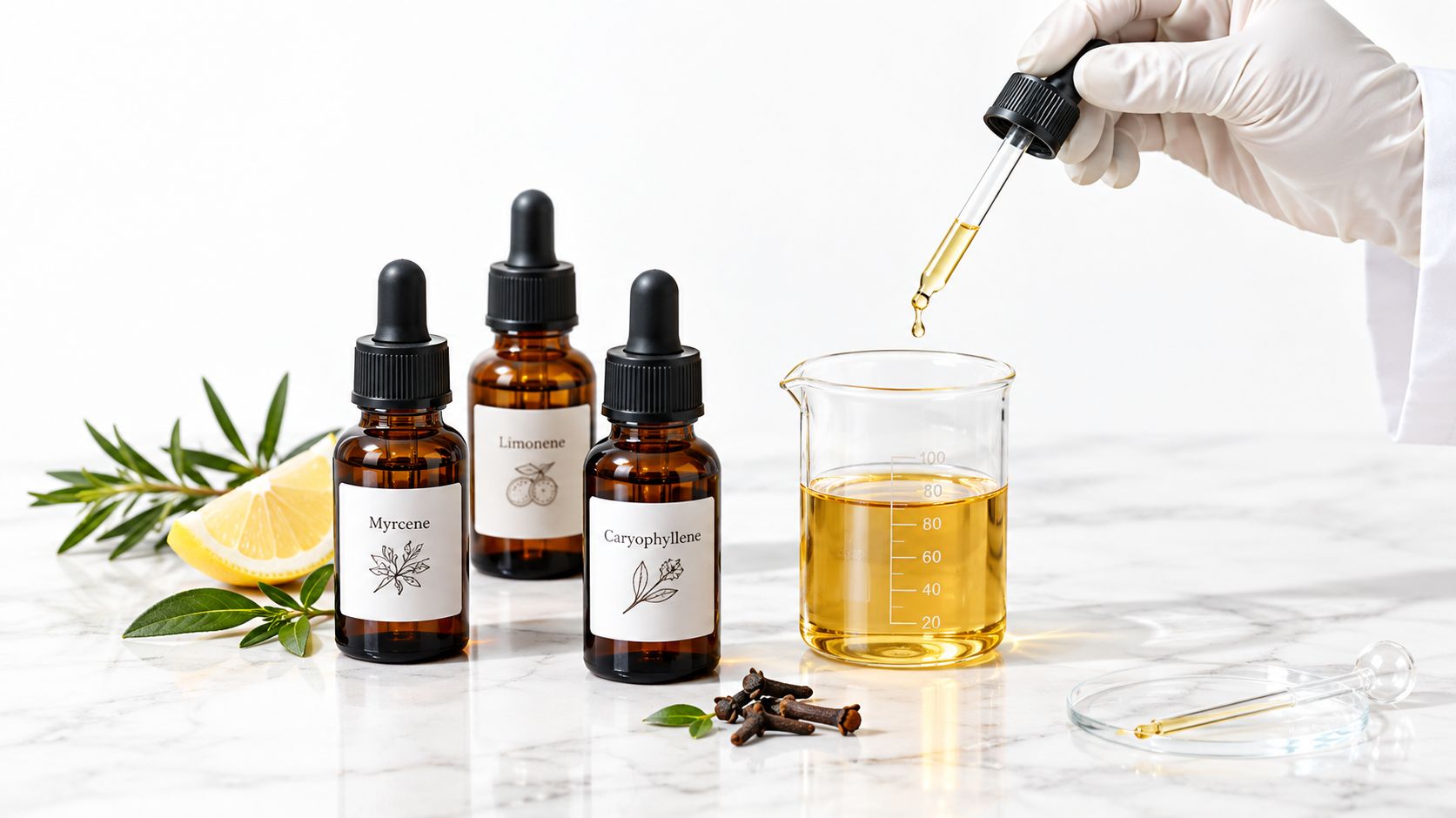 A gloved hand uses a dropper to add essential oil into a beaker with terpene bottles nearby.