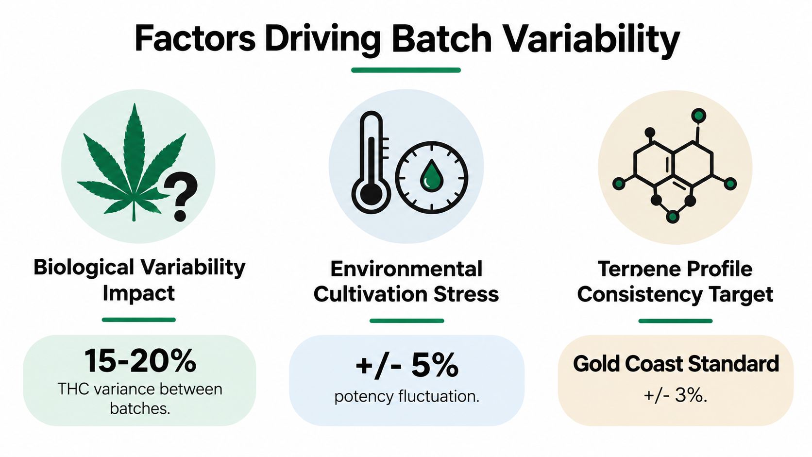 An infographic showing factors causing batch variability in cannabis, including biological, environmental, and terpene profile differences.
