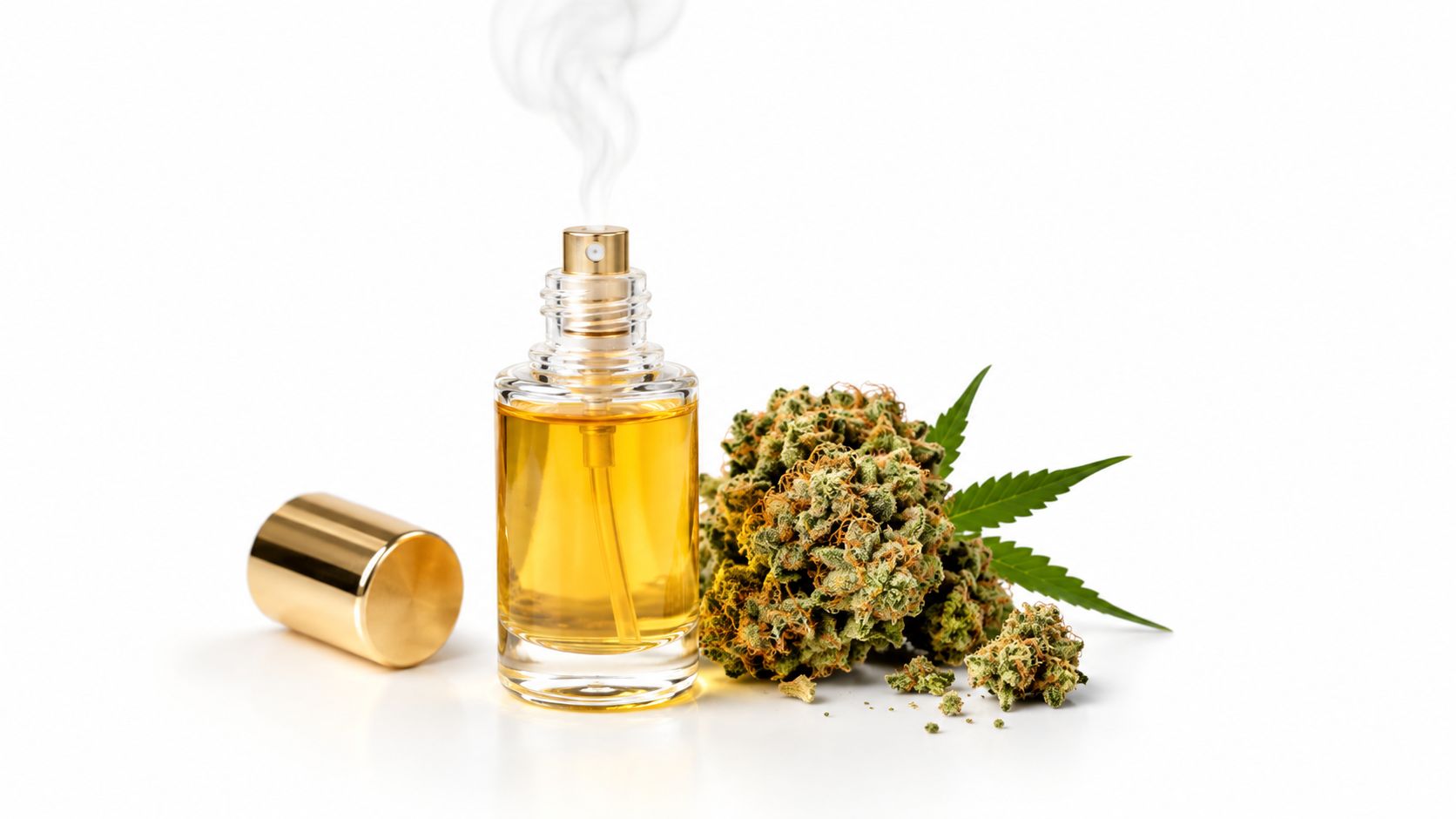 A glass perfume bottle with amber essential oil next to dried cannabis buds on white background.