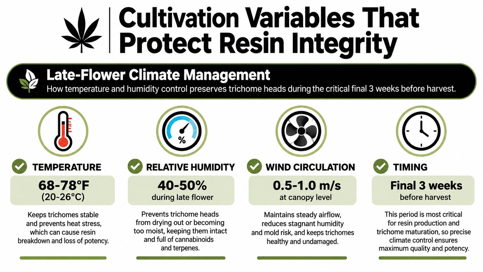 An infographic detailing climate management variables like temperature, humidity, and airflow to protect cannabis resin integrity.