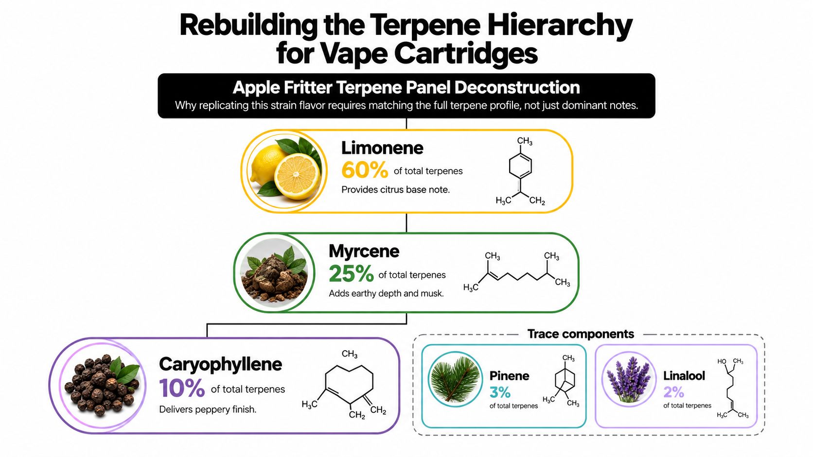 A detailed infographic showing the terpene breakdown of the Apple Fritter cannabis strain including percentages and chemical structures.