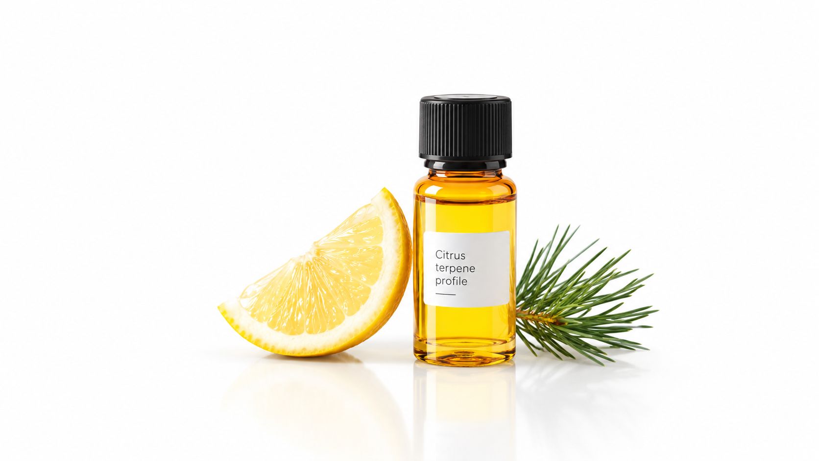 A small amber essential oil bottle labeled citrus terpene profile next to a lemon slice and pine.