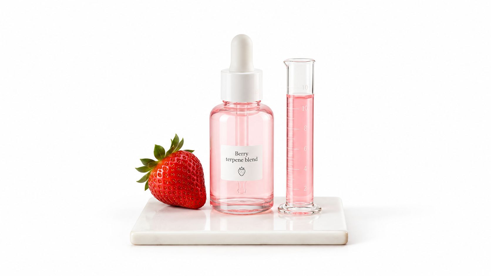A dropper bottle of berry terpene blend next to a strawberry and a graduated cylinder on white marble.