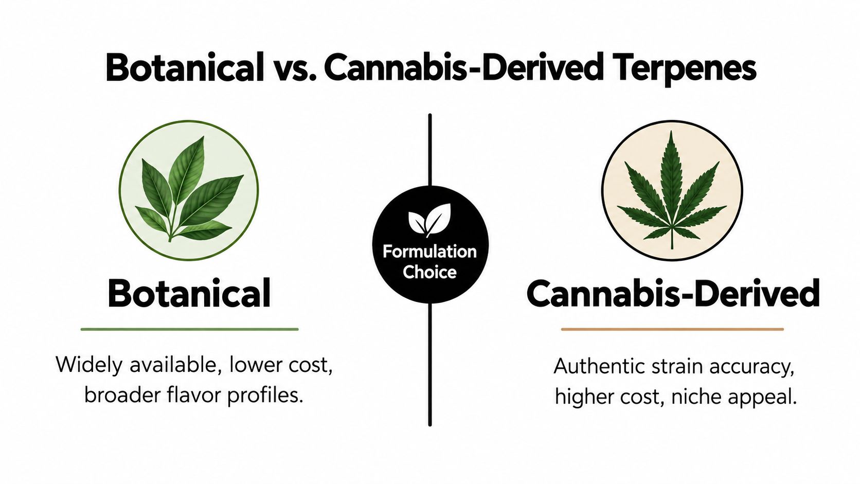 A comparison chart showing differences between botanical and cannabis-derived terpenes for vape product formulation.
