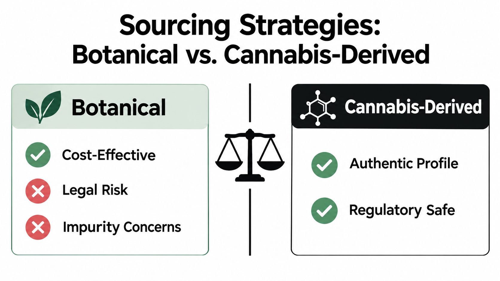 A comparison chart showing the pros and cons of botanical versus cannabis-derived sourcing strategies for product formulation.
