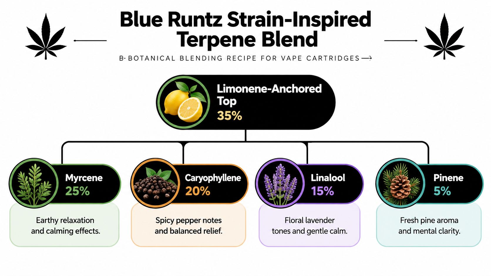 An infographic detailing a Blue Runtz strain-inspired terpene blend recipe for cannabis vape cartridges.
