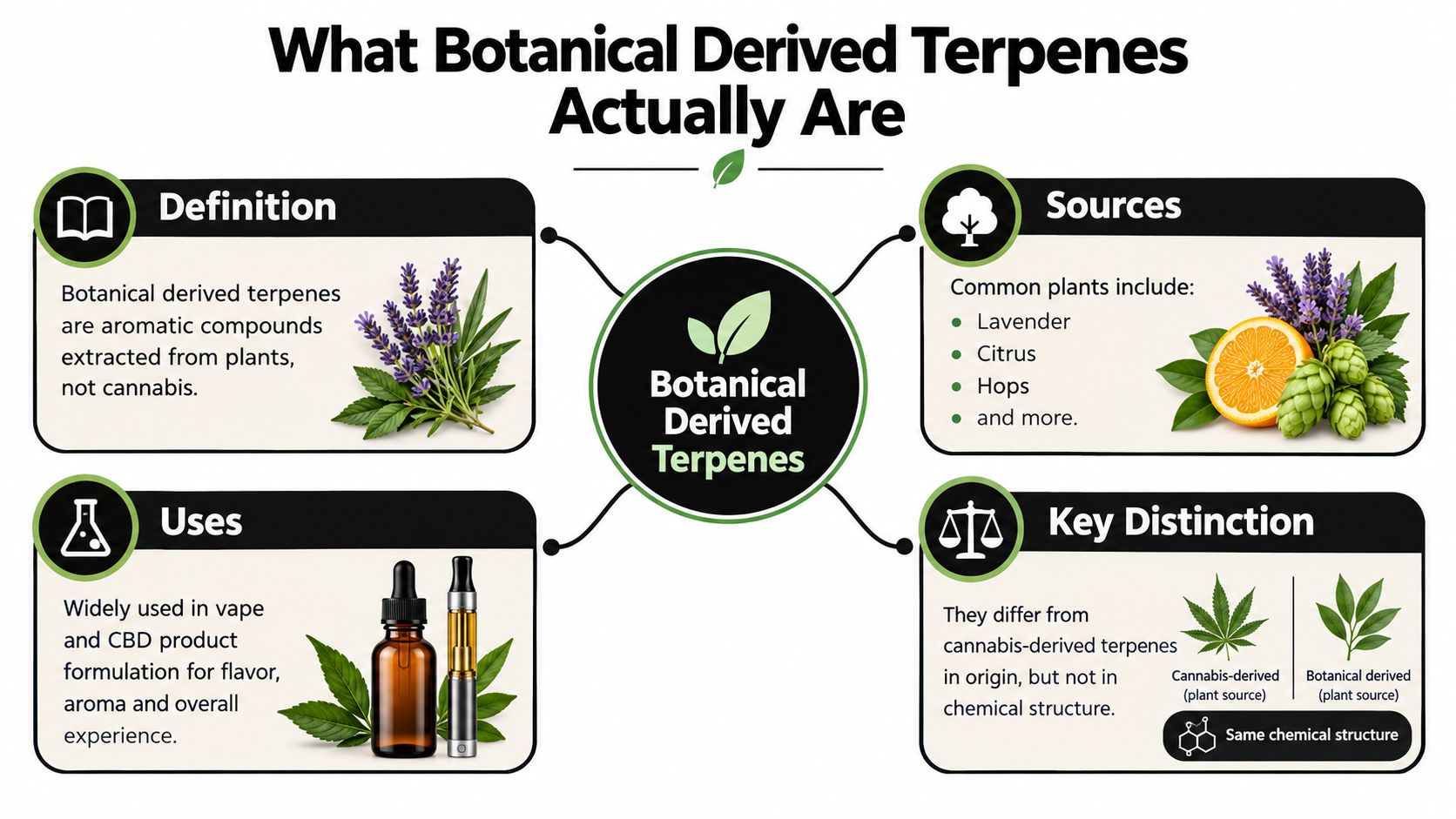 An infographic explaining botanical derived terpenes with sections on definition, common plant sources, product uses, and distinctions.