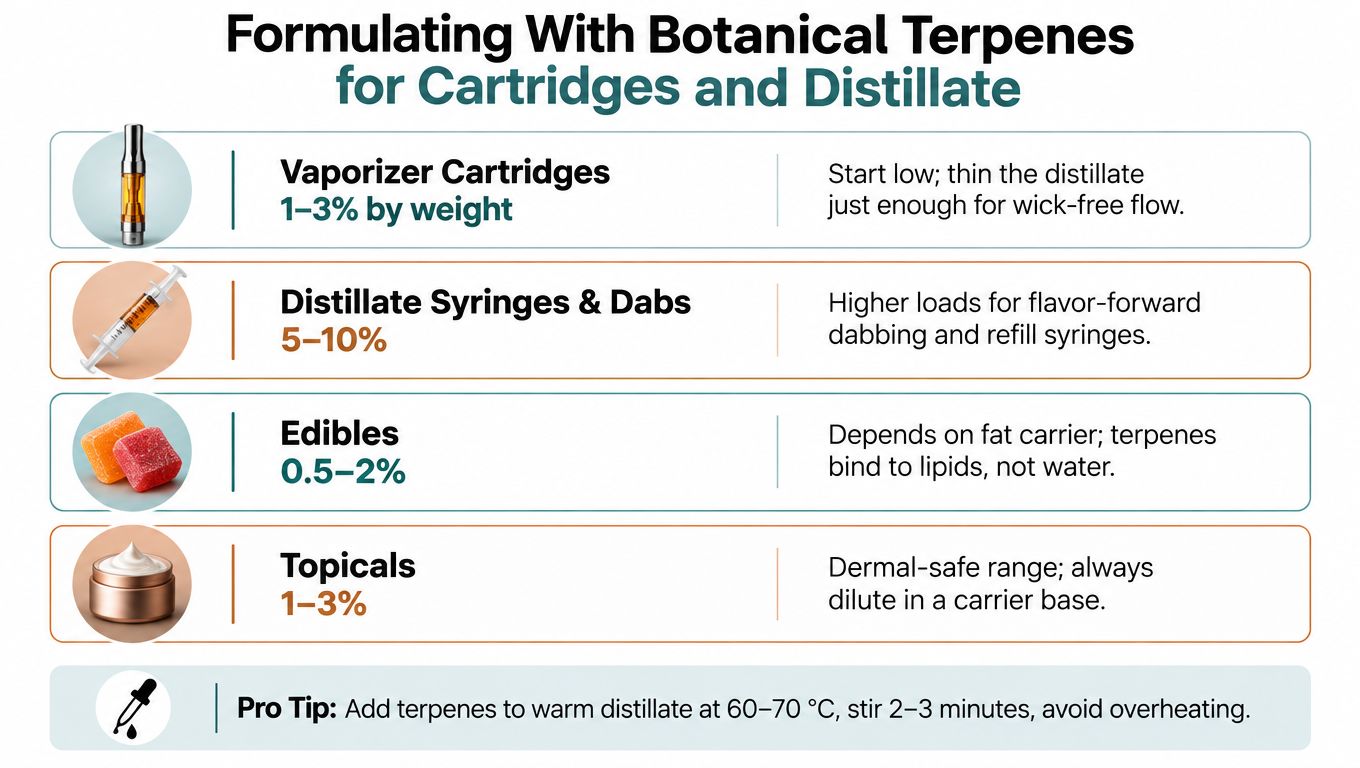 A guide illustrating recommended botanical terpene concentrations for products like vaporizer cartridges, distillate, edibles, and topicals.