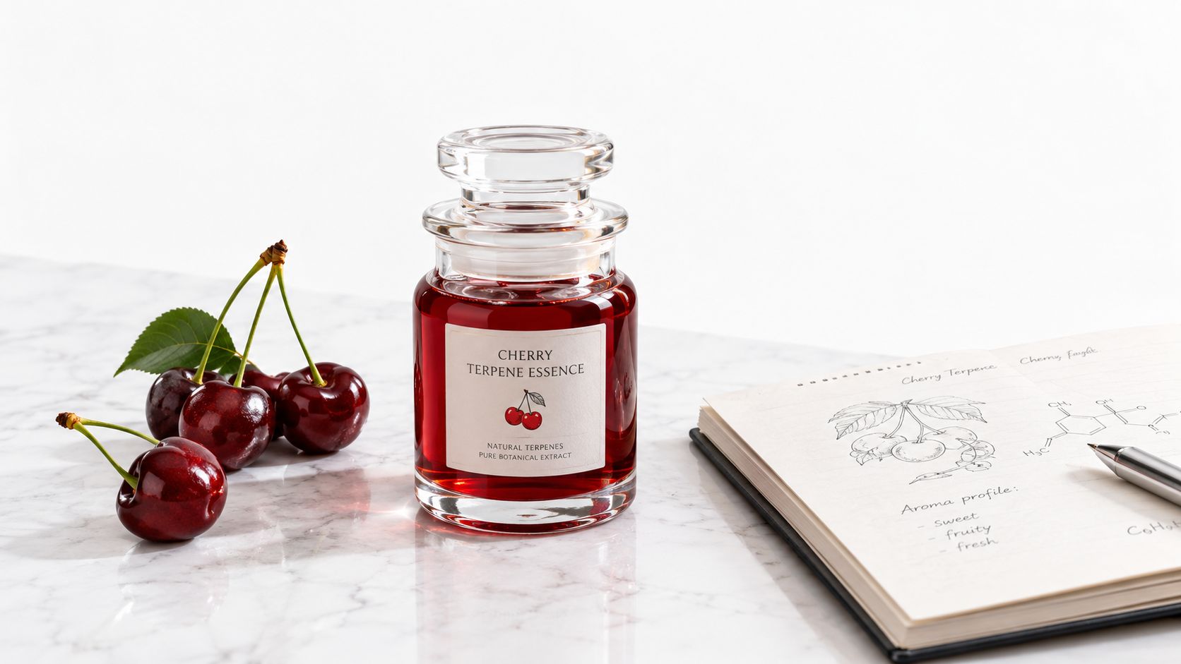 A glass bottle of Cherry Terpene Essence placed on a white marble table with fresh cherries and a notebook.