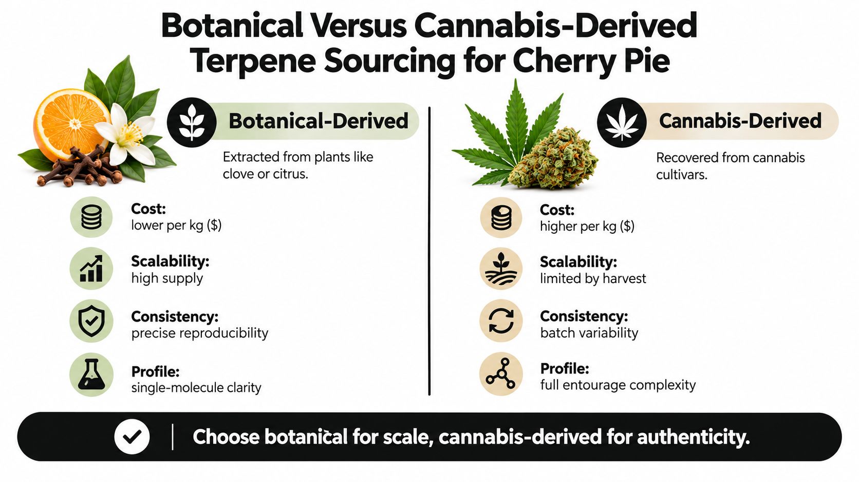 A comparison chart showing the differences between botanical-derived and cannabis-derived terpenes for the Cherry Pie strain.